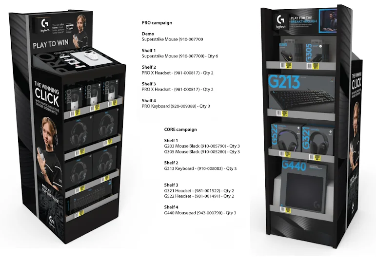 Two Logitech G floor shipper concepts: PRO campaign with Superstrike mice, PRO X headsets and PRO keyboards; CORE campaign with G203, G305, G213, G321, G522 and G440
